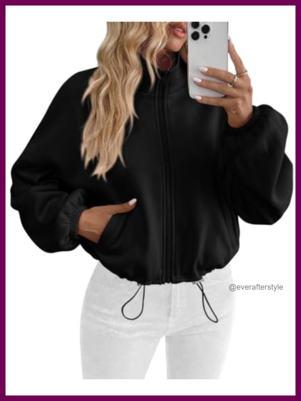 Cropped Fleece Zip Up Sweatshirt Drawstring Hem Oversized
